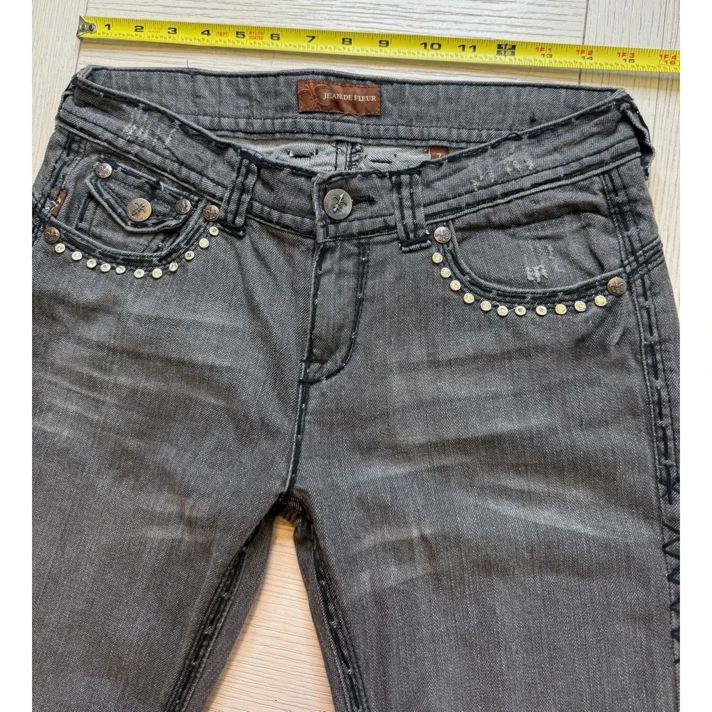 Jeans De Fleur Womens 7 Black Denim Embellished Mid Rise Bootcut‎ Jeans Retro